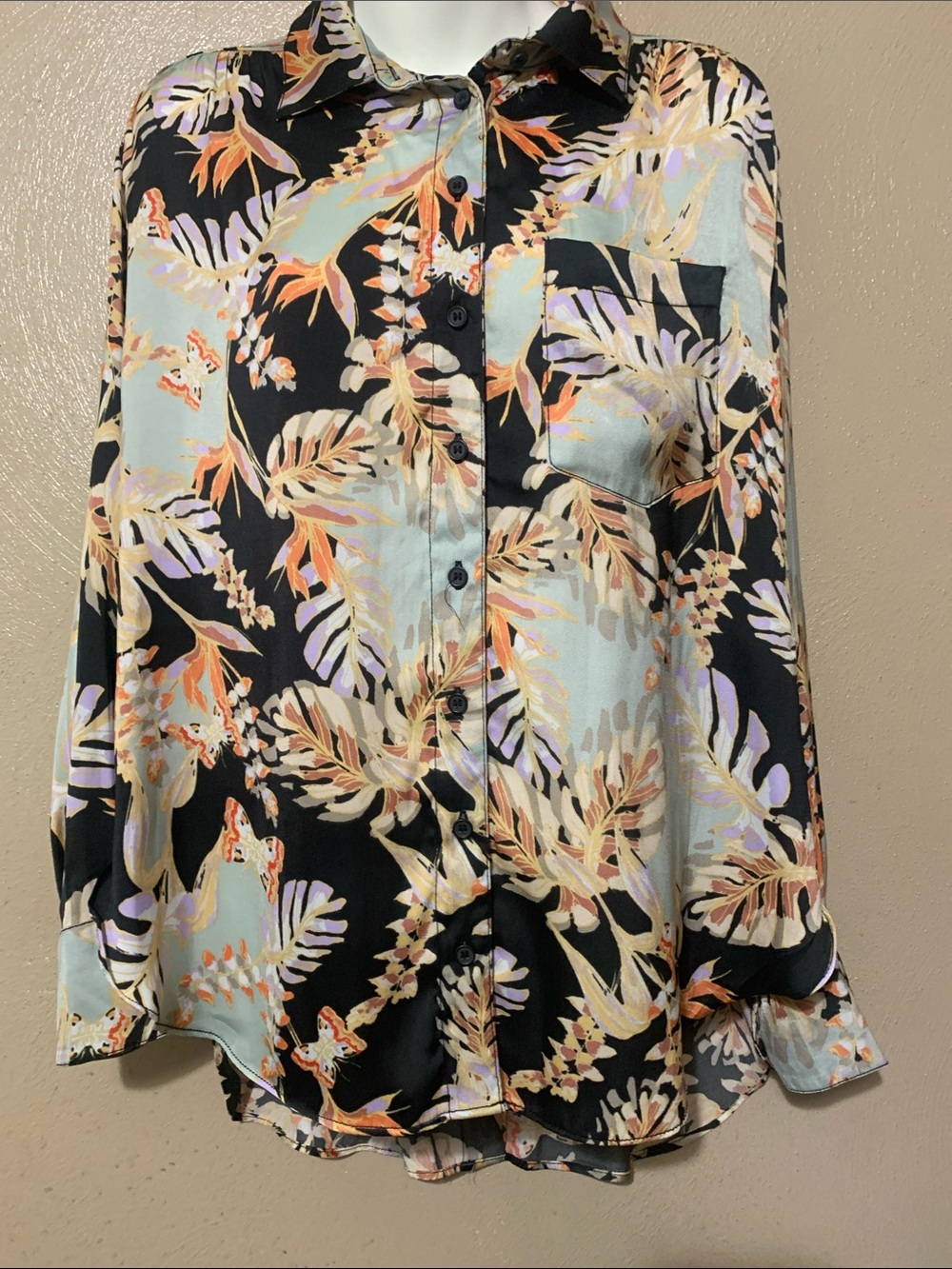 Free People size S Butterfly Print Floral Button Top Mint Black Lavender